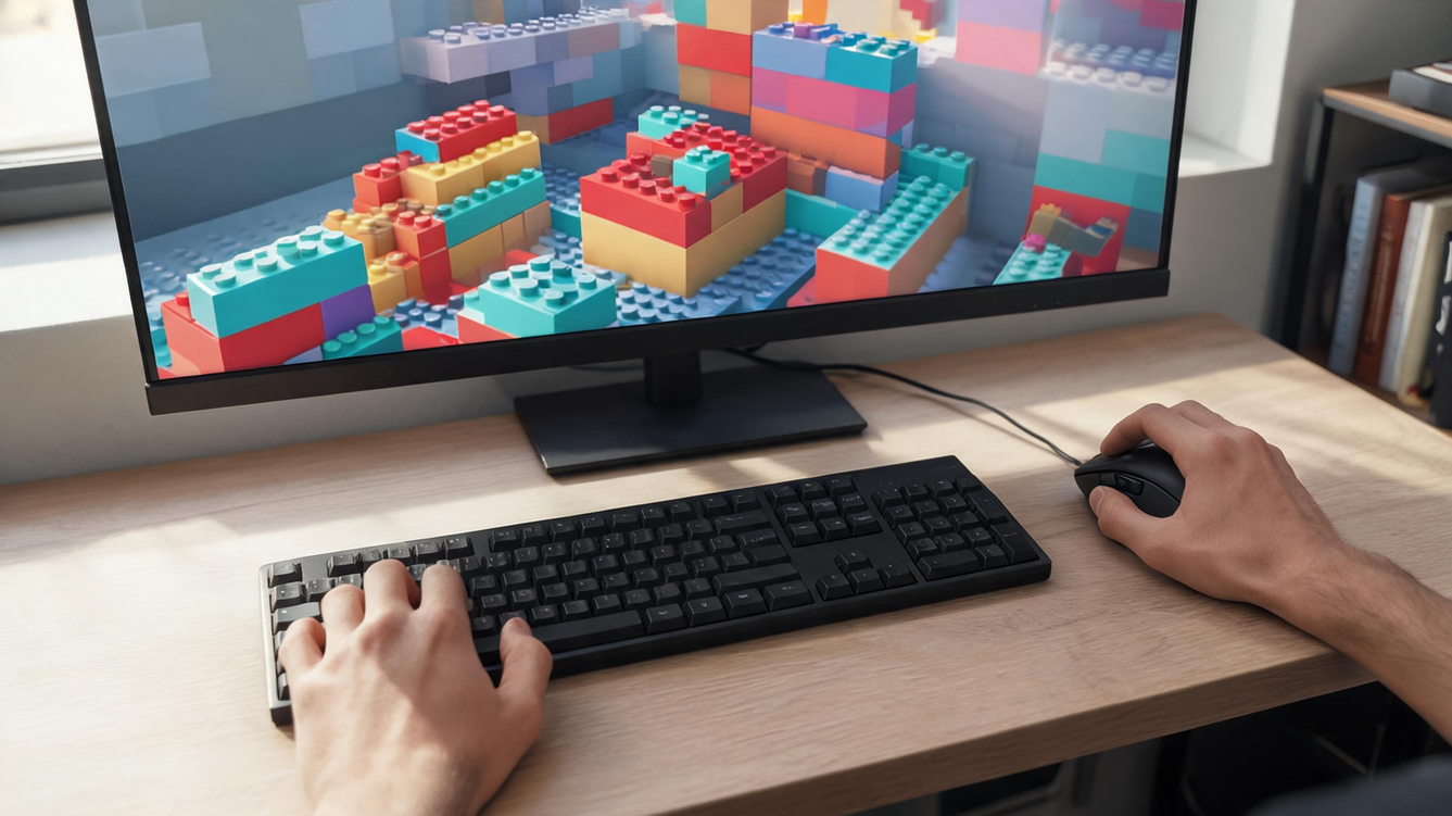Gamer’s hands maintain a steady keyboard-and-mouse grip beside a monitor showing an abstract block-building arena.