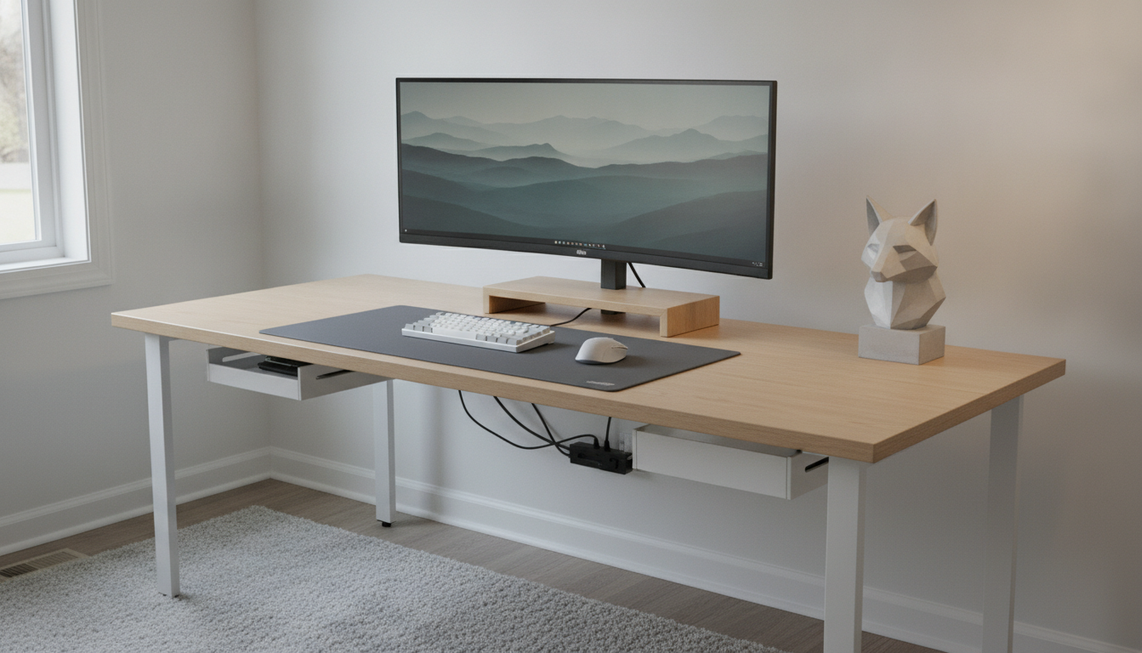 Minimalist gaming desk with a display, keyboard, mouse, open surface, and one visual anchor