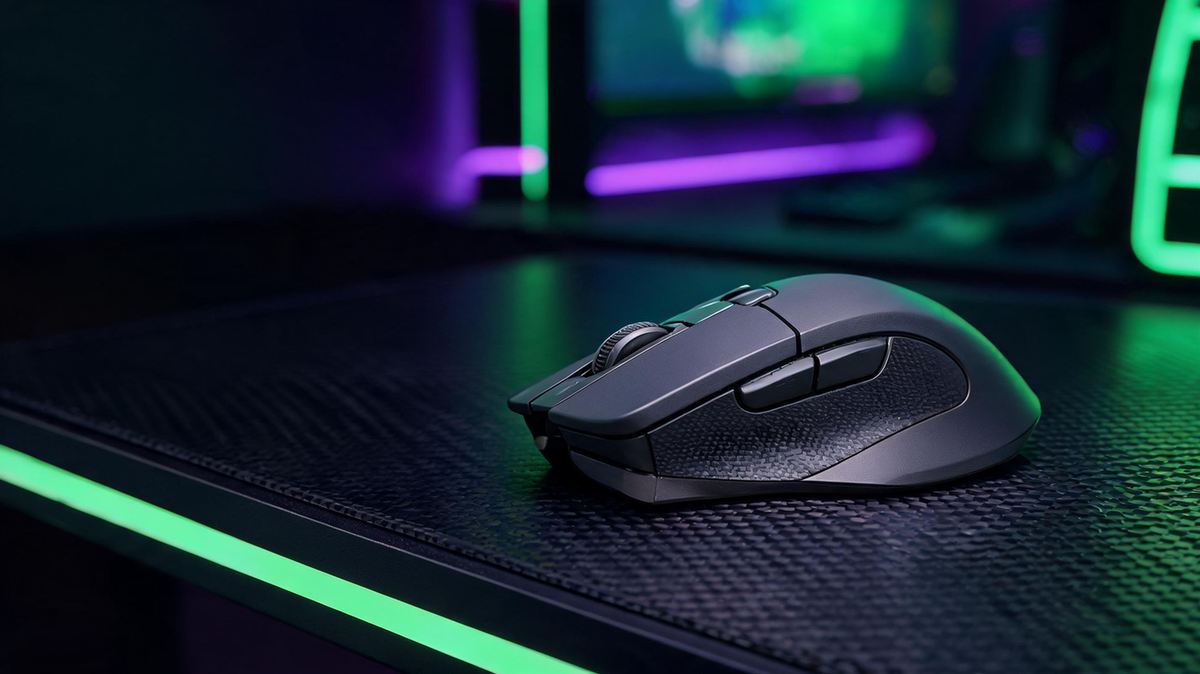 Black carbon-fiber gaming mouse on a carbon-fiber desk in a neon-lit esports room