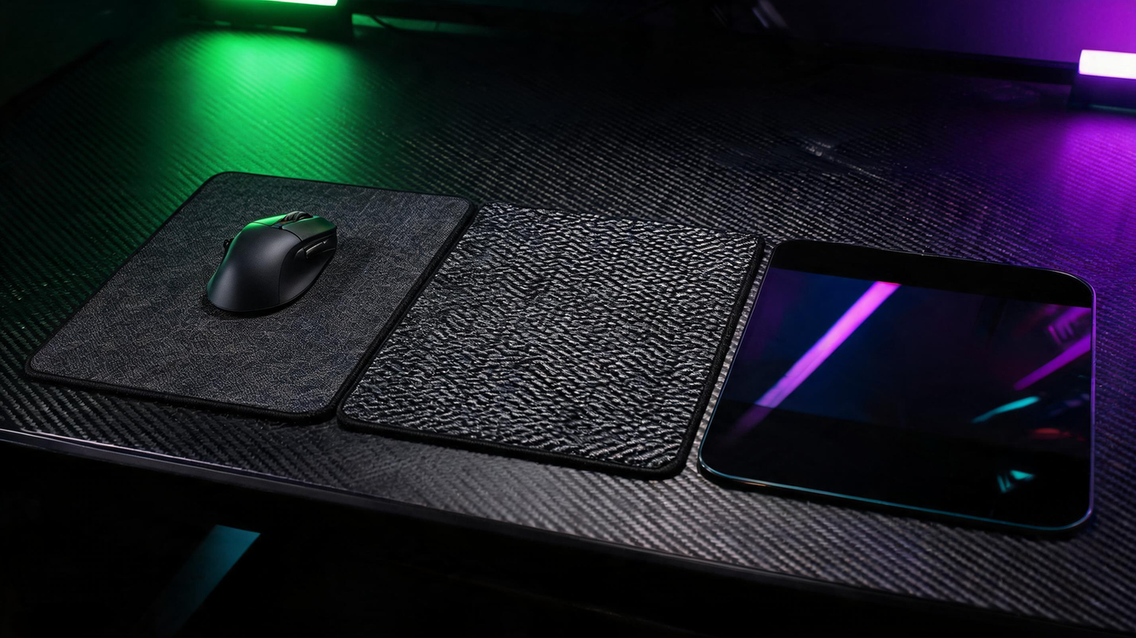 Three mouse pad surface types arranged on a carbon-fiber gaming desk under contrasting RGB light: woven cloth, textured hybrid textile, and rigid glass.