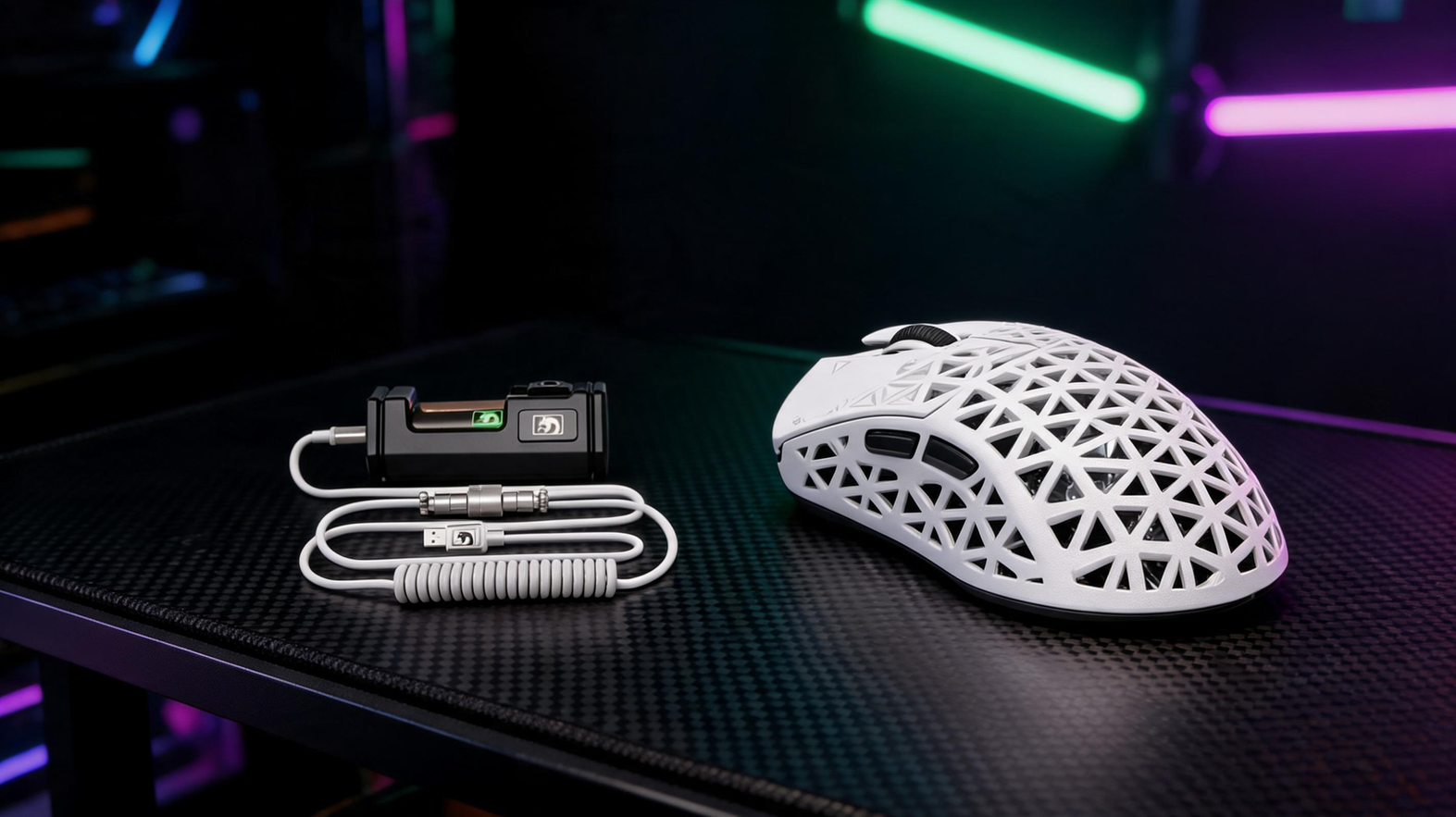 Gaming mouse resting on a carbon-fiber desk in a dark RGB-lit gaming room, with open shadowed space on the left.