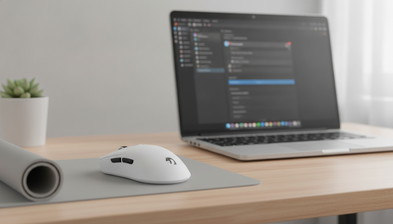 Lightweight wireless gaming mouse beside a laptop showing a clean, uncluttered setup workspace