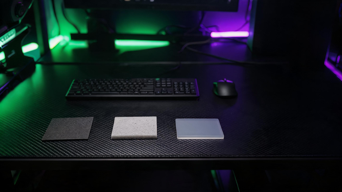 Gaming desk with a mouse, keyboard, and three contrasting base-material samples under vivid green and purple lighting.