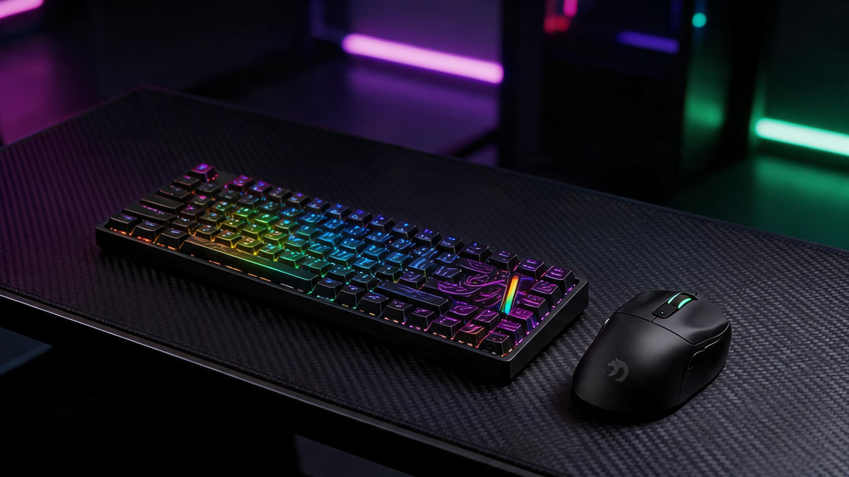 Compact wireless keyboard and mouse arranged on a dark gaming desk with vivid RGB lighting and room for headline text on one side