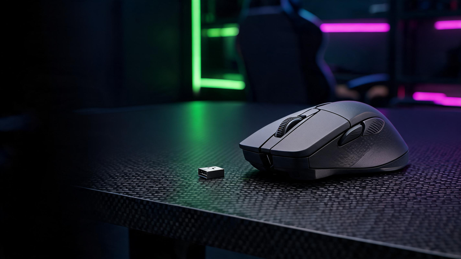 Carbon-fiber gaming mouse on a neon-lit esports desk with a separate receiver and dark space for headline text