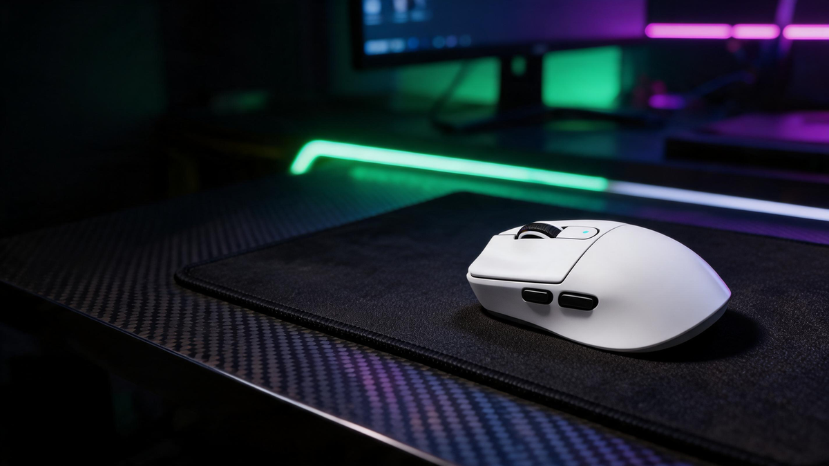 Optical gaming mouse resting on a carbon-fiber gaming desk beside a textured mousepad in a dark RGB-lit setup