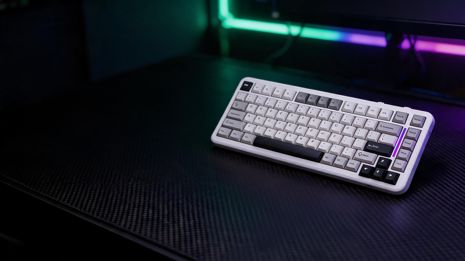 White RGB gaming keyboard on a carbon-fiber desk in a neon-lit gaming room