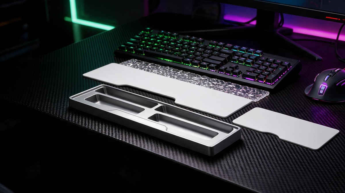 Partitioned aluminum wrist rest arranged beside a gaming keyboard on a carbon-fiber desk with organized small accessories and vivid purple and green lighting