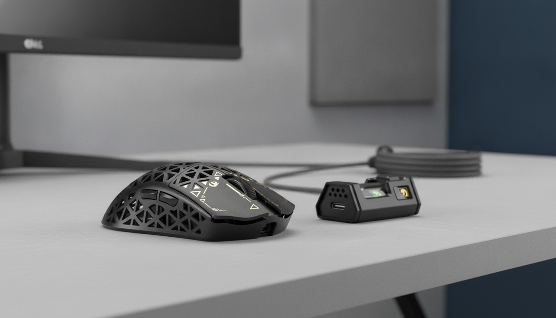 Wireless gaming mouse presented as the hero image for a guide to PAW3950 sensor settings in FPS games.