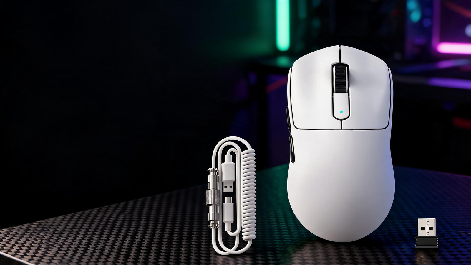 Lightweight gaming mouse and coiled cable on a carbon-fiber desk in a dark RGB-lit esports room, with open space on the left