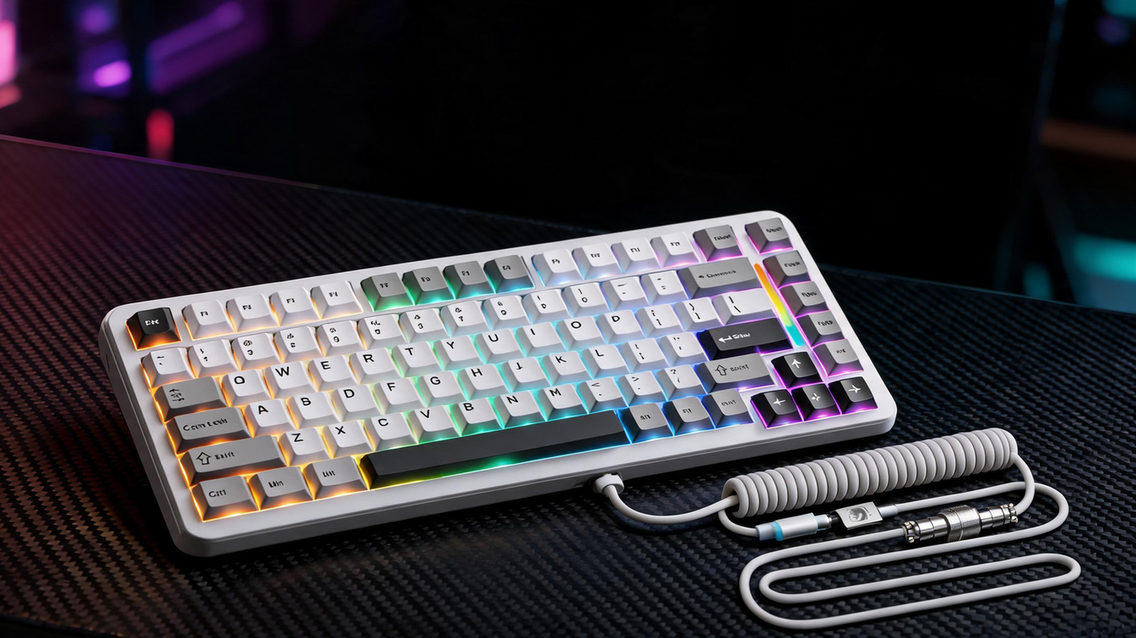 Hall-effect magnetic gaming keyboard glowing on a carbon-fiber desk in a dramatic esports room