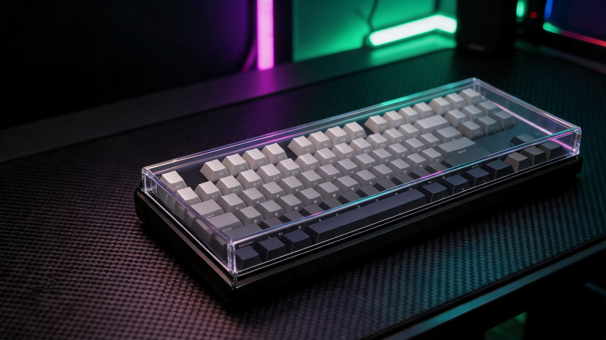 A clear keyboard dust cover resting over a Hall Effect keyboard on a gaming desk between sessions