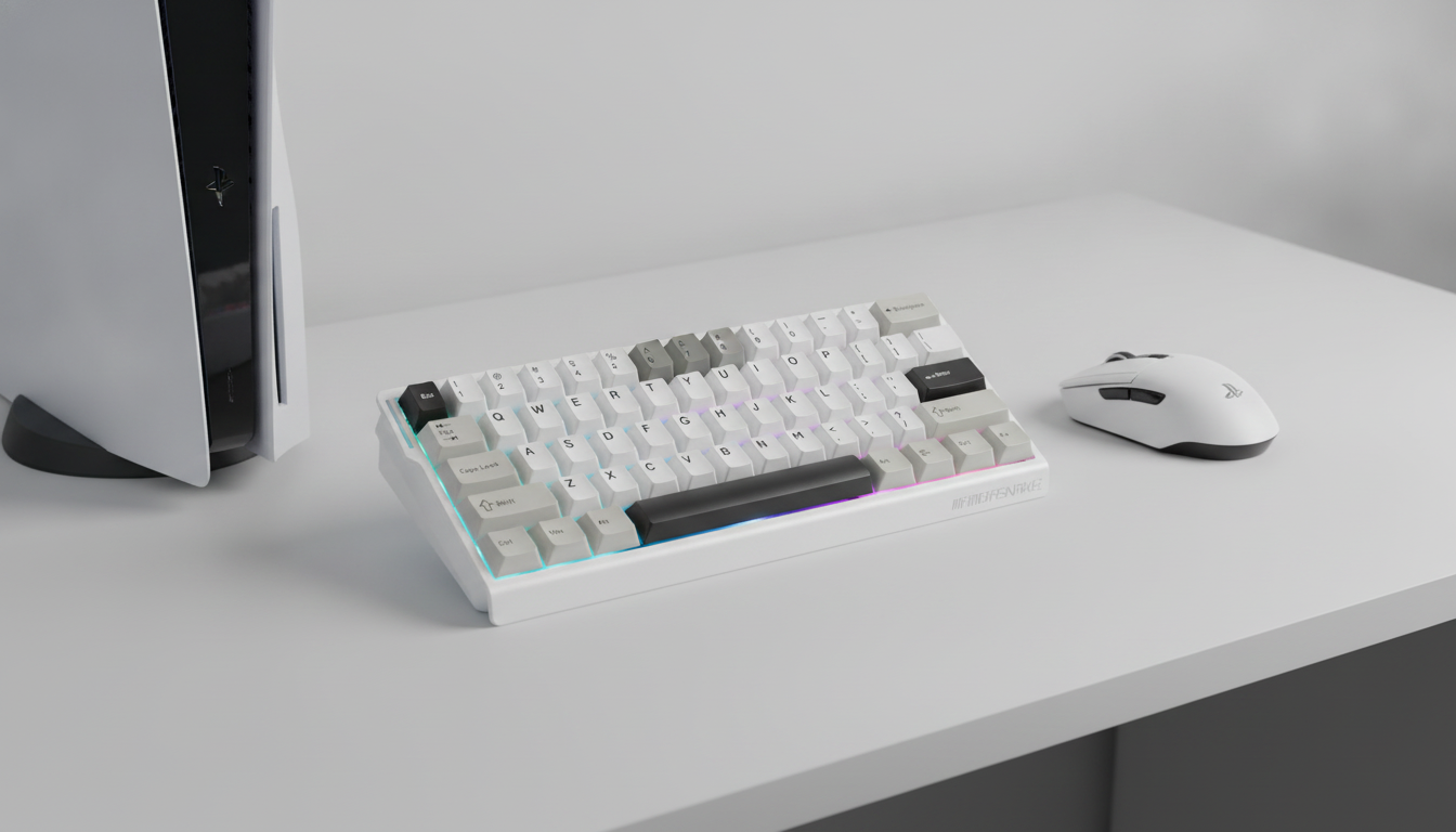 Compact gaming keyboard arranged as an ecommerce hero on a clean desk beside a PS5 console and mouse