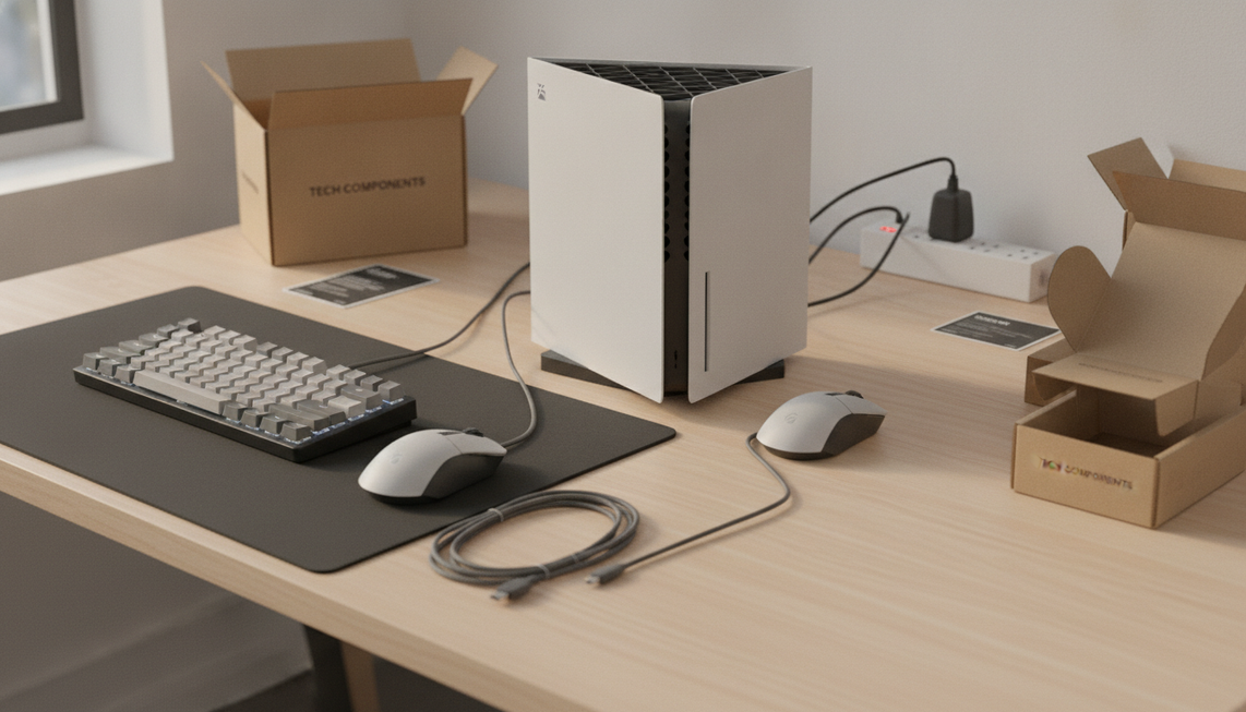 Gaming keyboard and mouse arranged beside a modern game console in a clean home gaming setup.