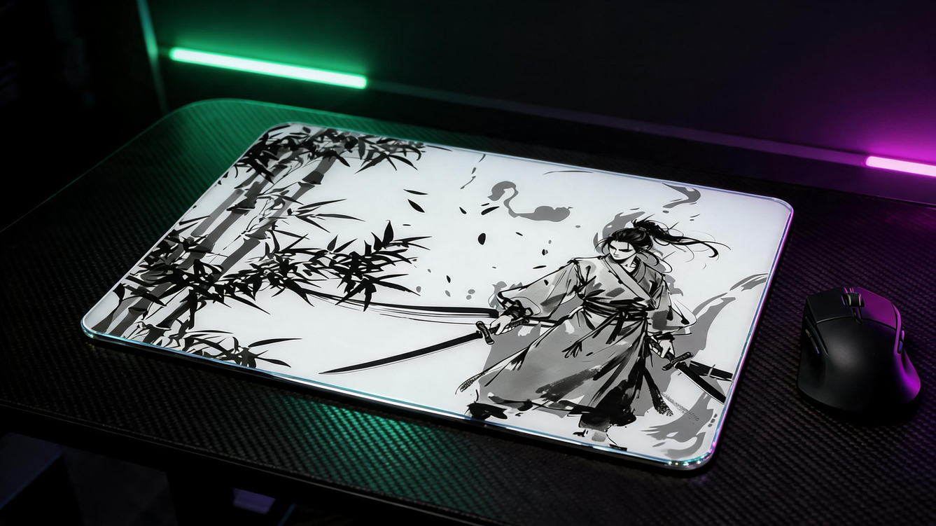 Tempered-glass mousepad on a dark gaming desk with a mouse positioned beside it under green and purple RGB lighting.