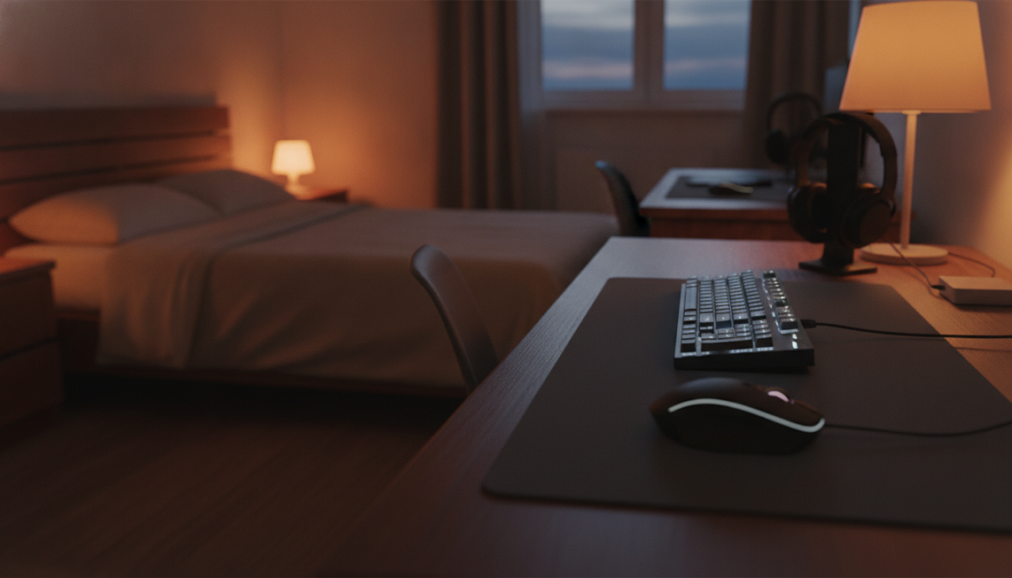 Gaming keyboard setup arranged on a desk in a shared room, presented as a quieting guide hero image