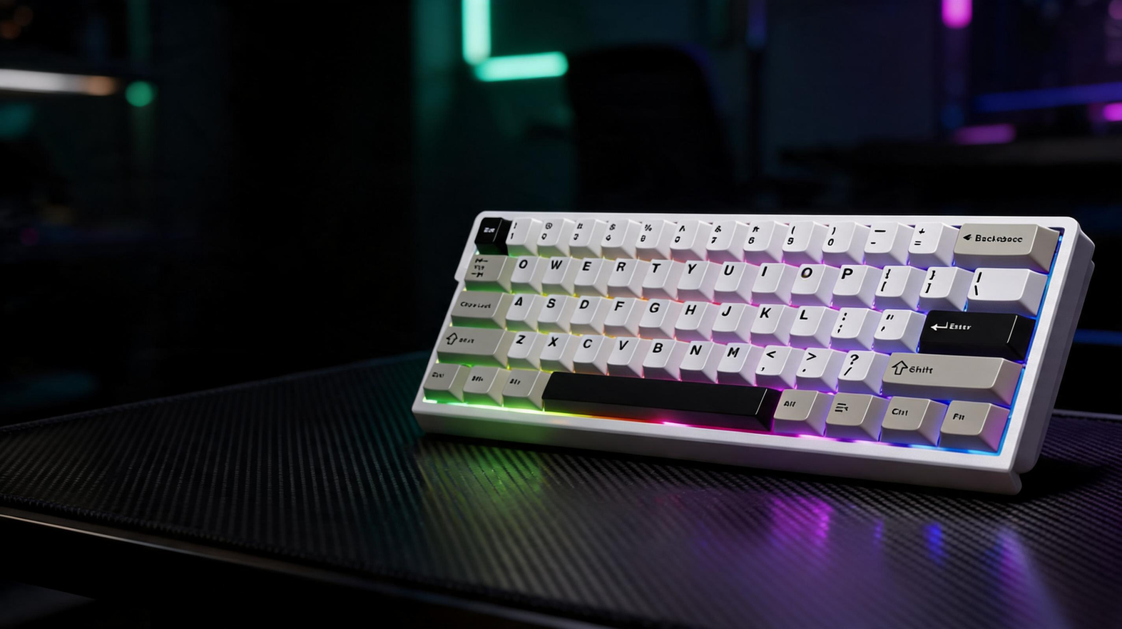 Compact magnetic-switch gaming keyboard glowing on a carbon-fiber desk in a dark RGB-lit gaming room
