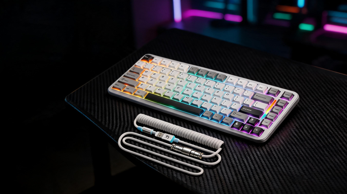 Hall Effect gaming keyboard glowing on a carbon-fiber gaming desk in a dark esports room