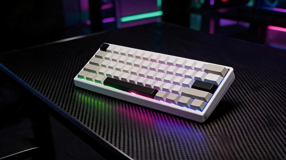 Rapid-trigger gaming keyboard on a carbon-fiber desk in a neon-lit esports room