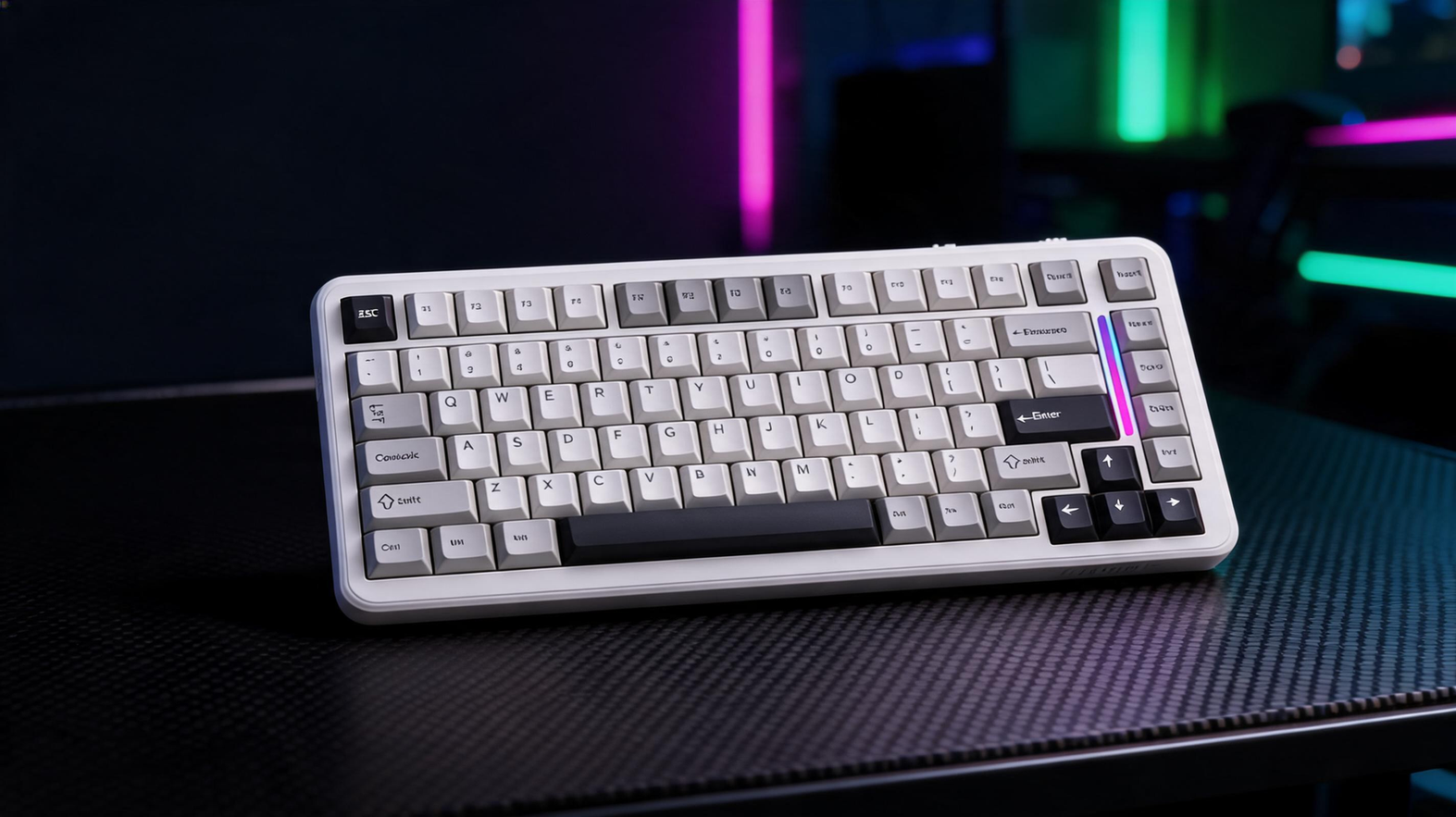 Gaming keyboard on a carbon-fiber desk in a neon-lit gaming room with dark space for a headline