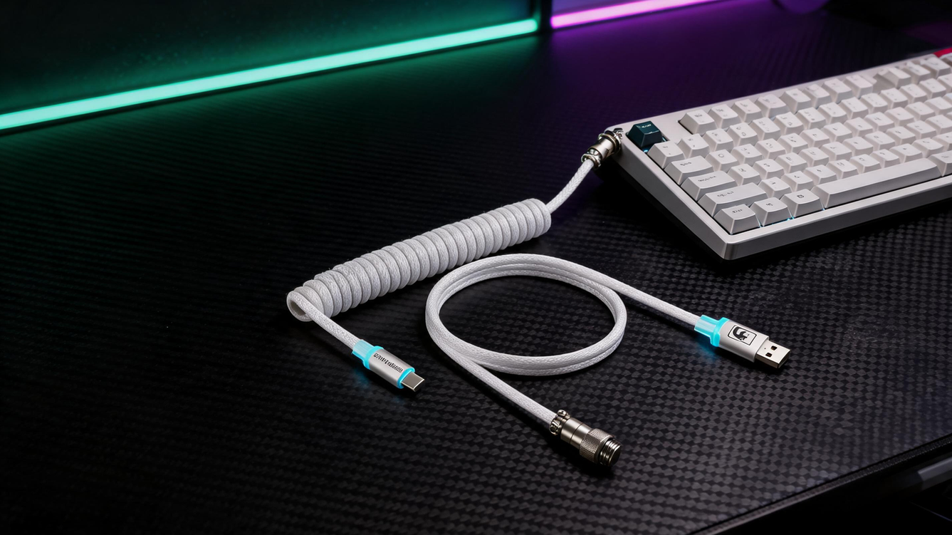 Coiled aviator keyboard cable arranged beside a mechanical keyboard on a carbon-fiber gaming desk with RGB lighting