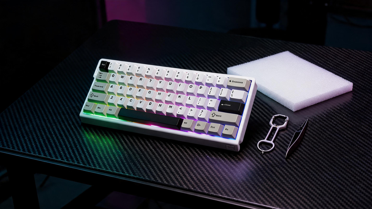Compact mechanical keyboard on a carbon-fiber gaming desk beside neatly arranged tools and PE foam for a careful modification workflow