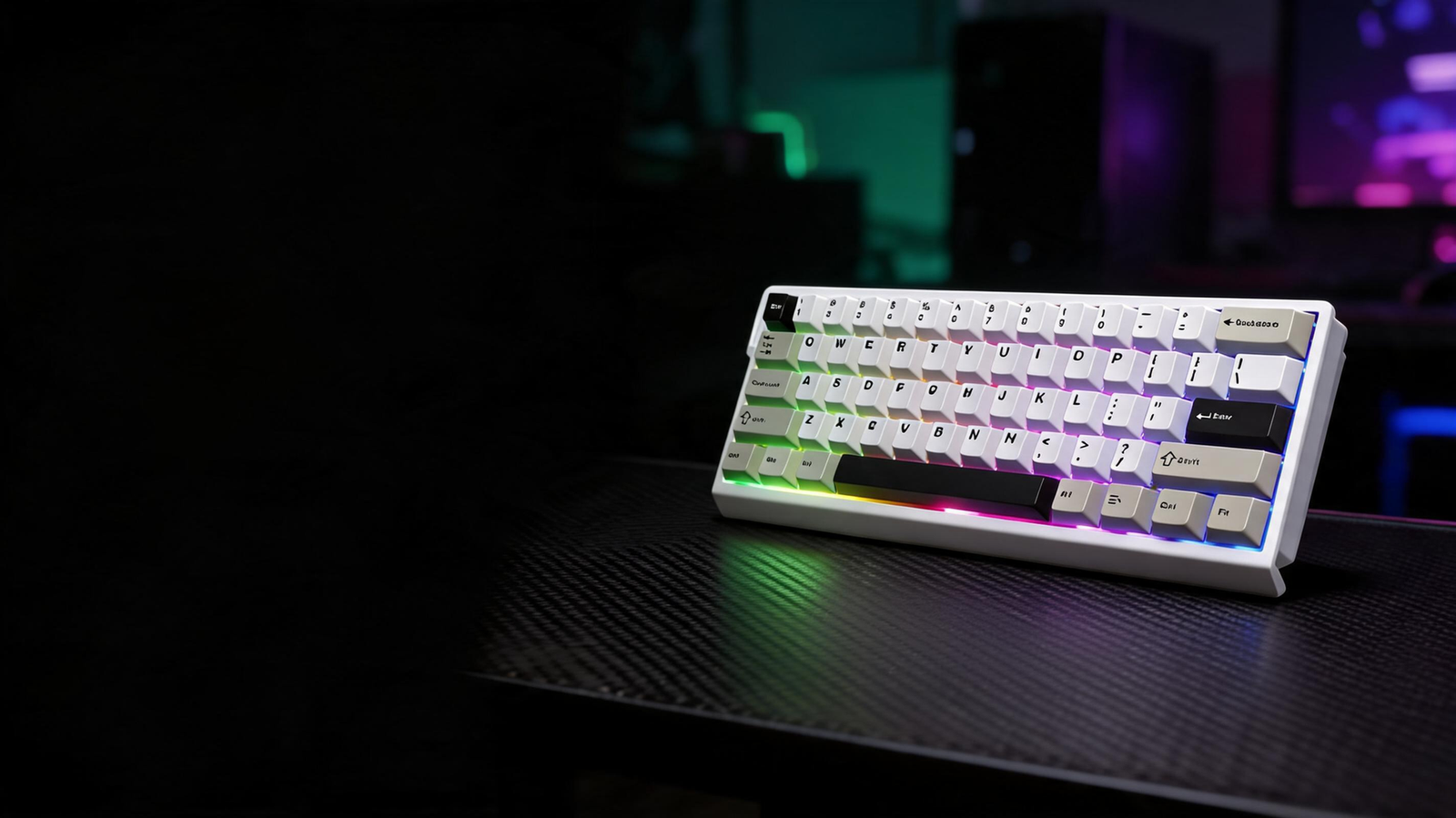 RGB keyboard glowing on a carbon-fiber gaming desk in a dark room with open space for a headline