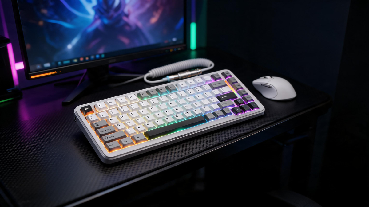 Magnetic-switch gaming keyboard glowing on a carbon-fiber desk in a dark gaming room with a monitor showing an abstract configuration workspace