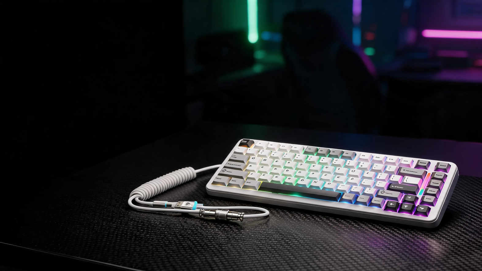 Compact RGB gaming keyboard on a carbon-fiber desk in a dark neon-lit gaming room, with open space for headline text