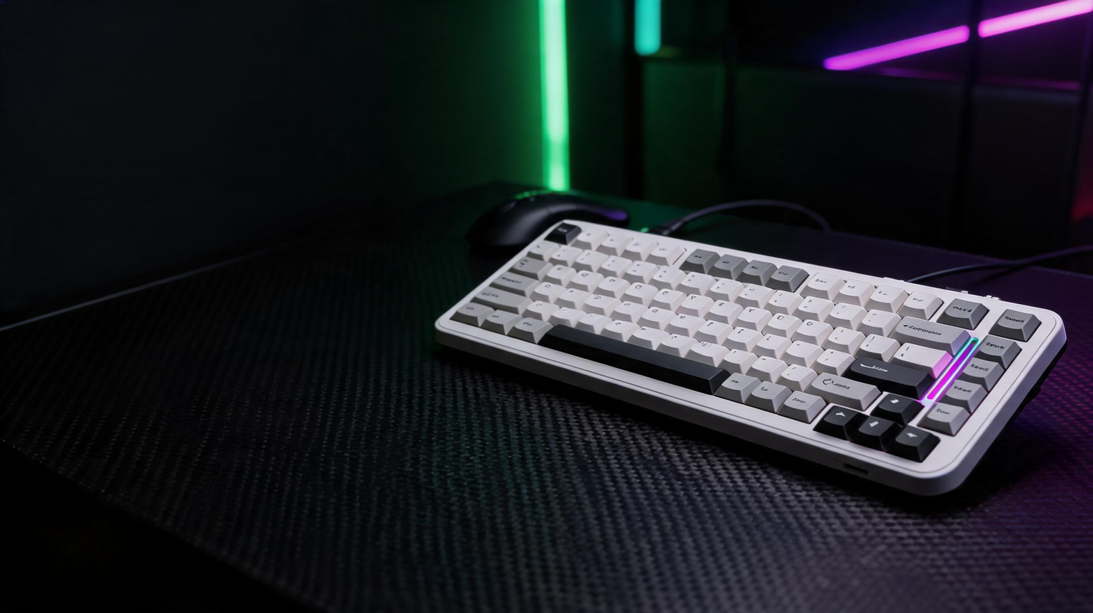 Gaming keyboard staged on a carbon-fiber desk in a neon-lit esports room with dark space for a headline.