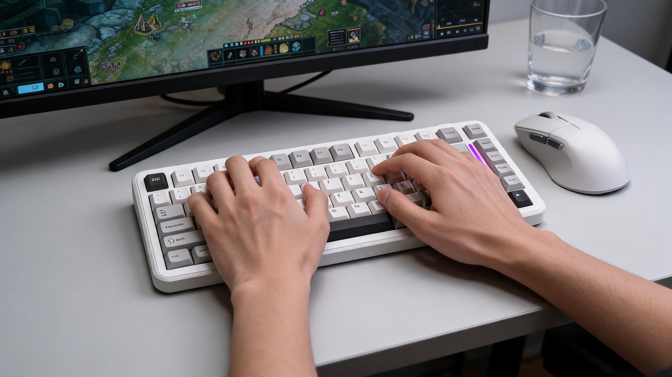 Gaming keyboard on an illuminated strategy-gaming desk with hands poised over the controls