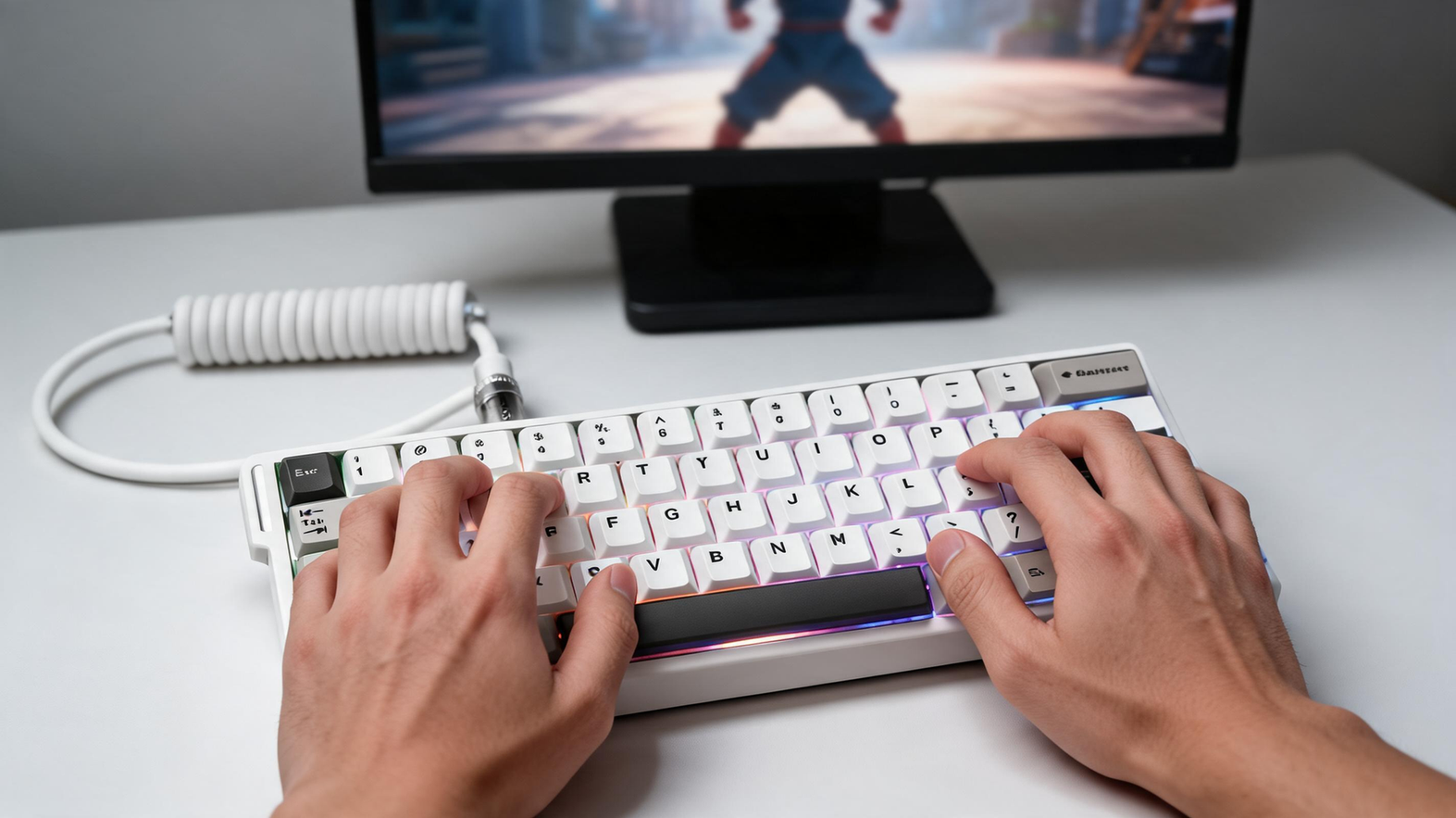 Gaming keyboard on a fighting-game desk with hands positioned over directional and attack keys