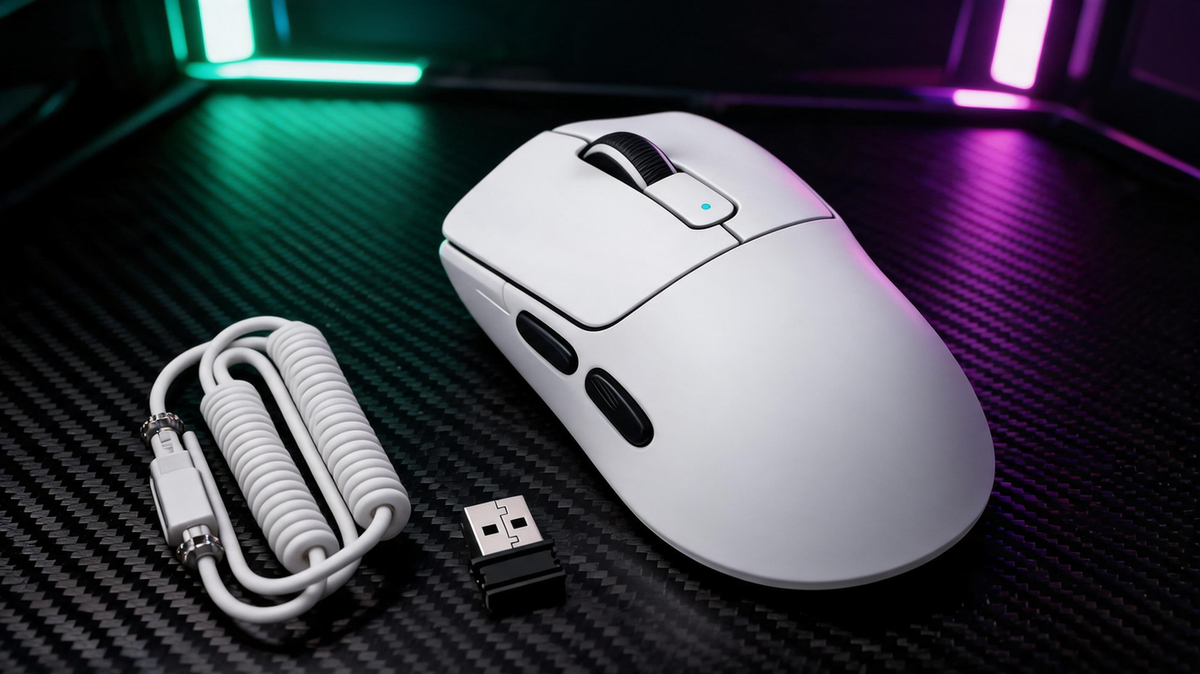Wireless gaming mouse resting on a carbon-fiber desk in a dark RGB-lit gaming room