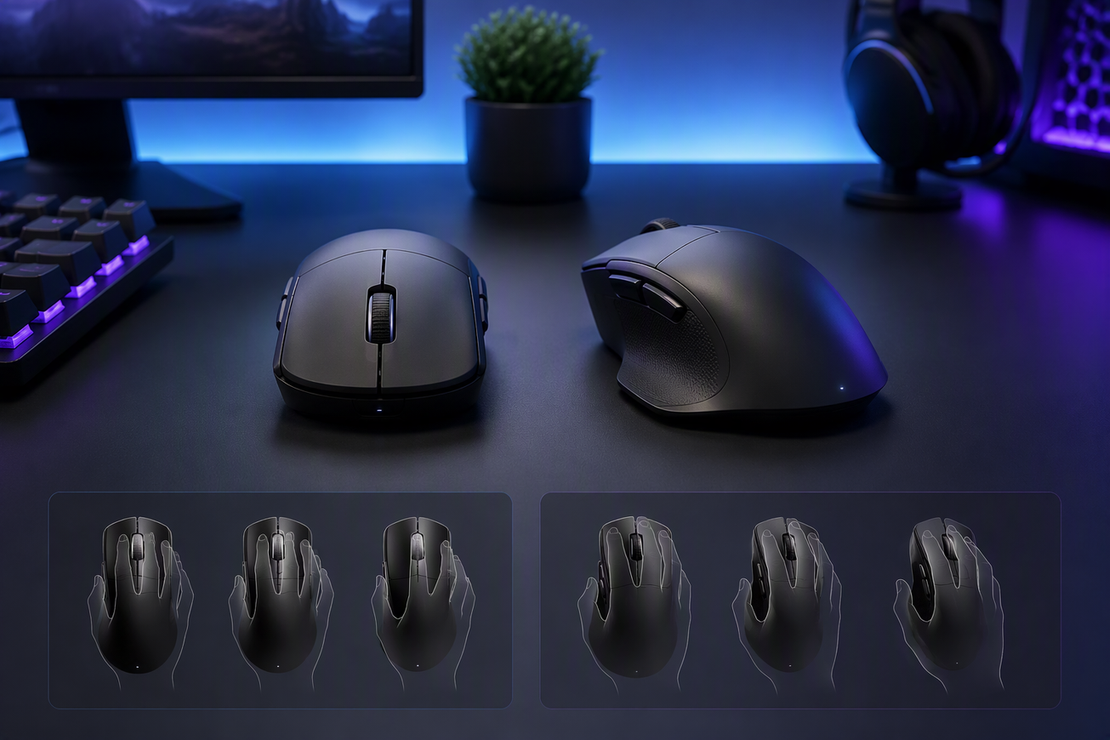 Lightweight wireless gaming mouse arranged on a clean gaming desk for a broad product and fit overview