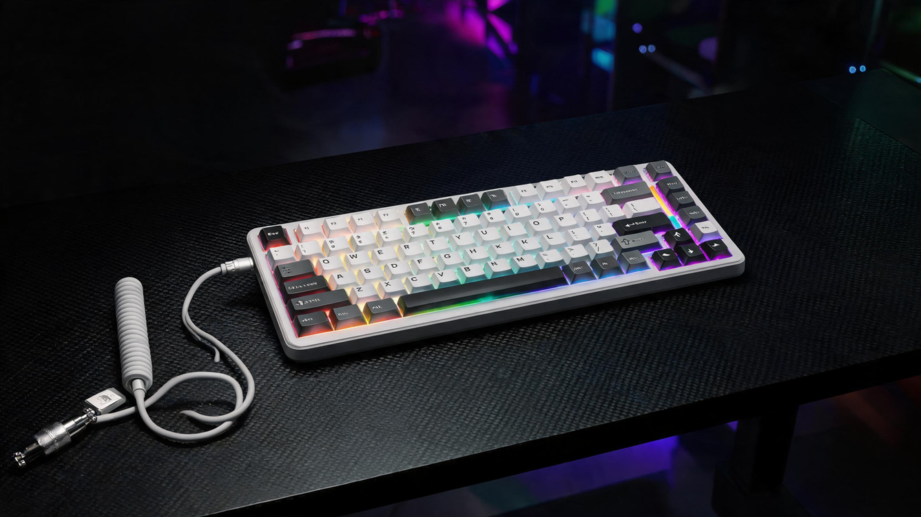 RGB gaming keyboard staged on a carbon-fiber desk in a dark neon-lit gaming room