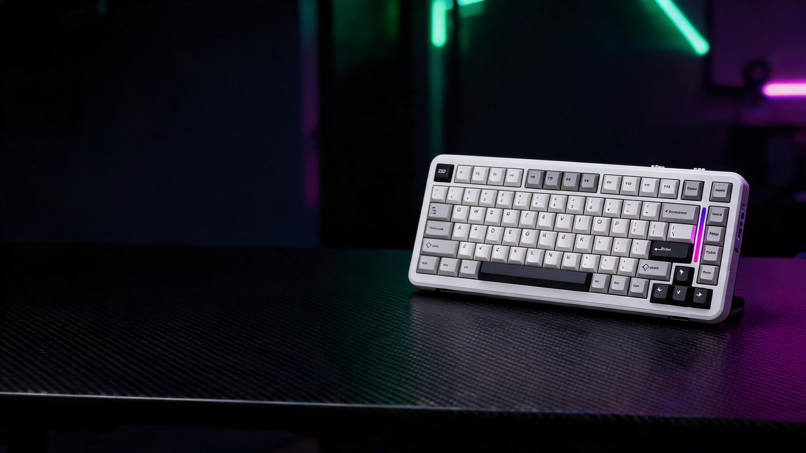 White RGB gaming keyboard on a carbon-fiber desk in a dark neon-lit gaming room