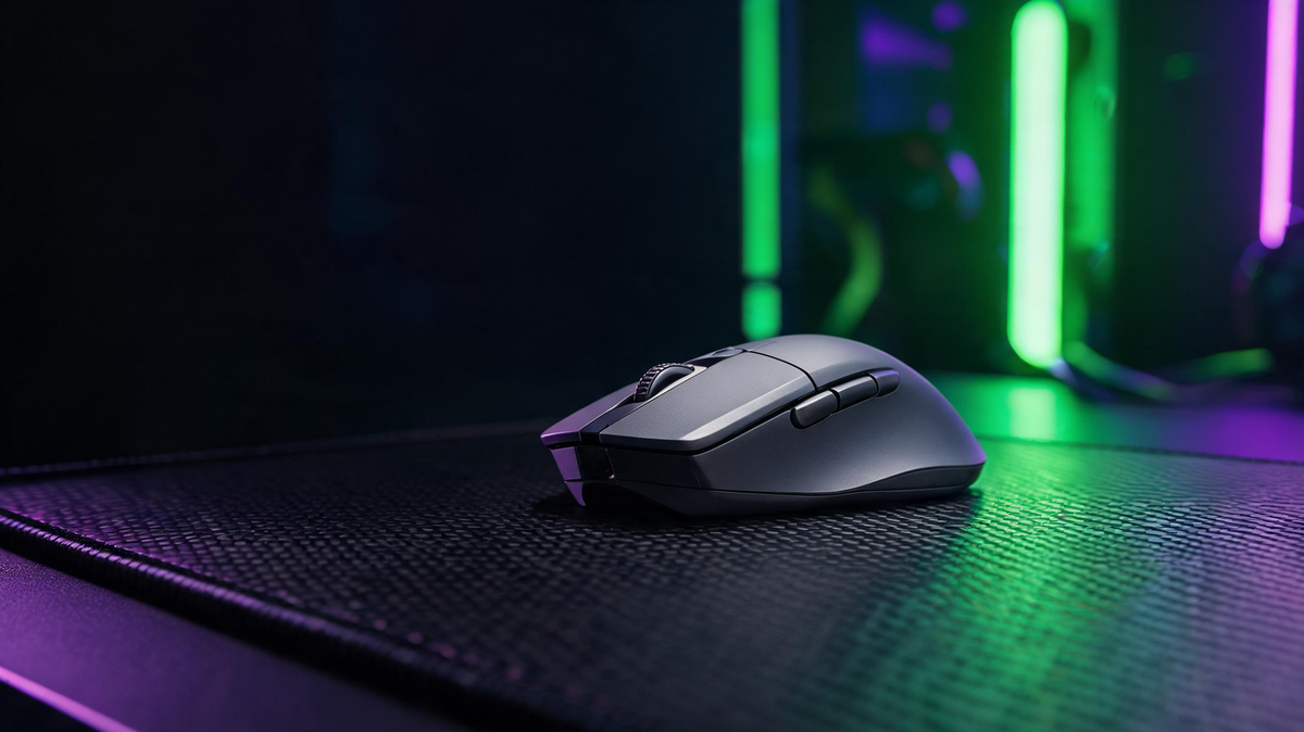 Ultra-light wireless gaming mouse on a carbon-fiber gaming desk in a dark esports room with vivid green and purple RGB lighting and open space for headline text