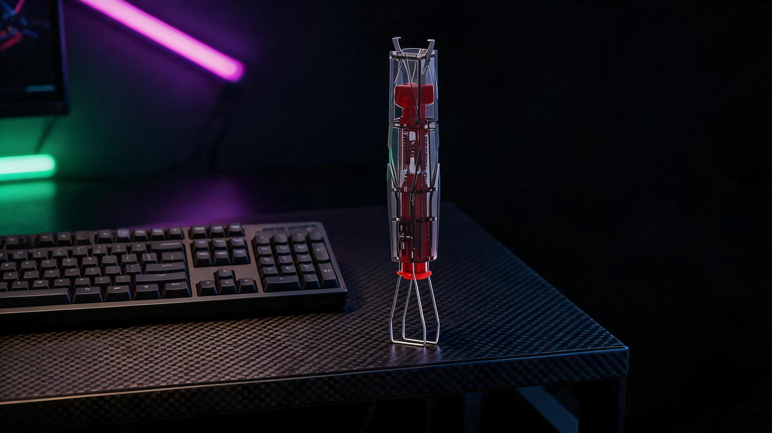A 2-in-1 keyboard puller beside a mechanical keyboard on a carbon-fiber desk under saturated purple and green lighting