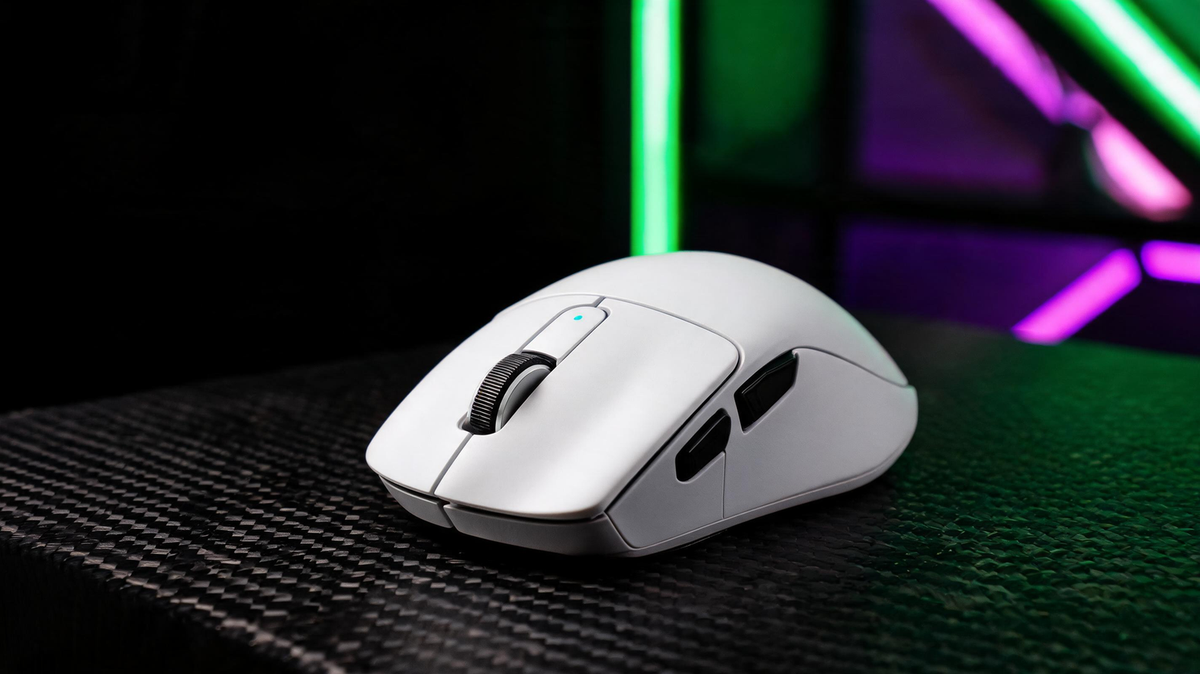 White gaming mouse on a carbon-fiber desk in a dark RGB-lit gaming setup, with open space for a headline.