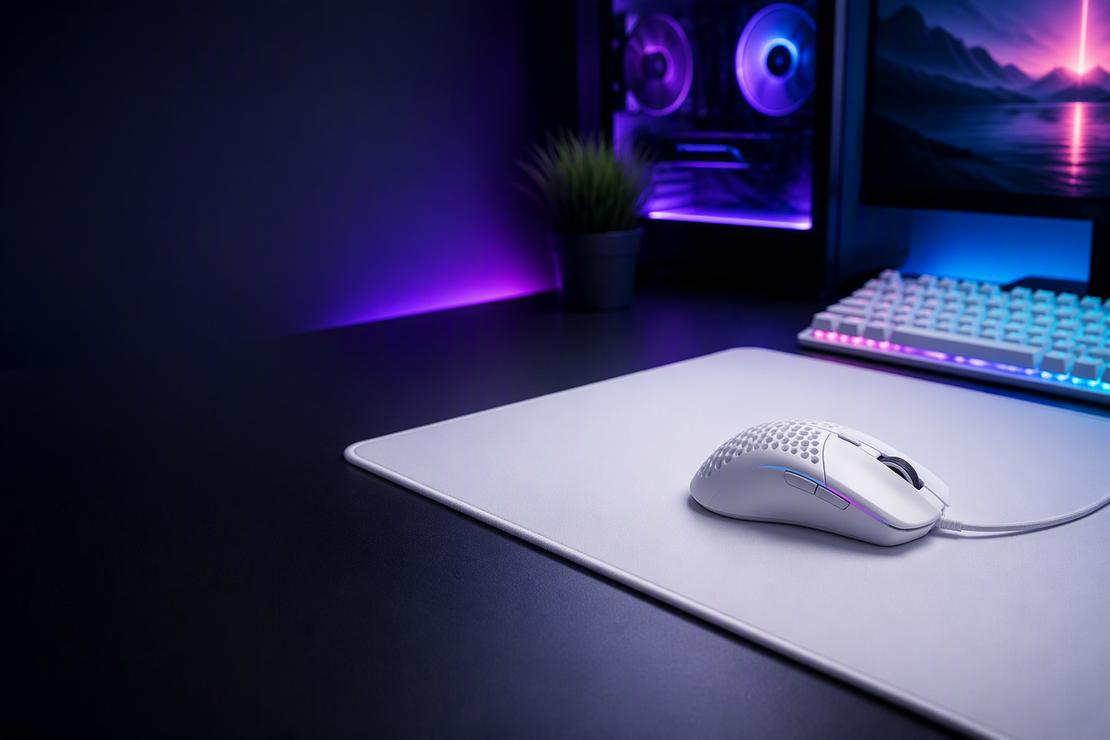 Gaming mouse and glass mouse pad arranged in a dark RGB-lit esports setup with clear space on the left for headline text.