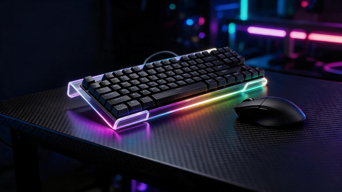 Tilted RGB keyboard stand supporting a keyboard on a dark carbon-fiber gaming desk beside a mouse