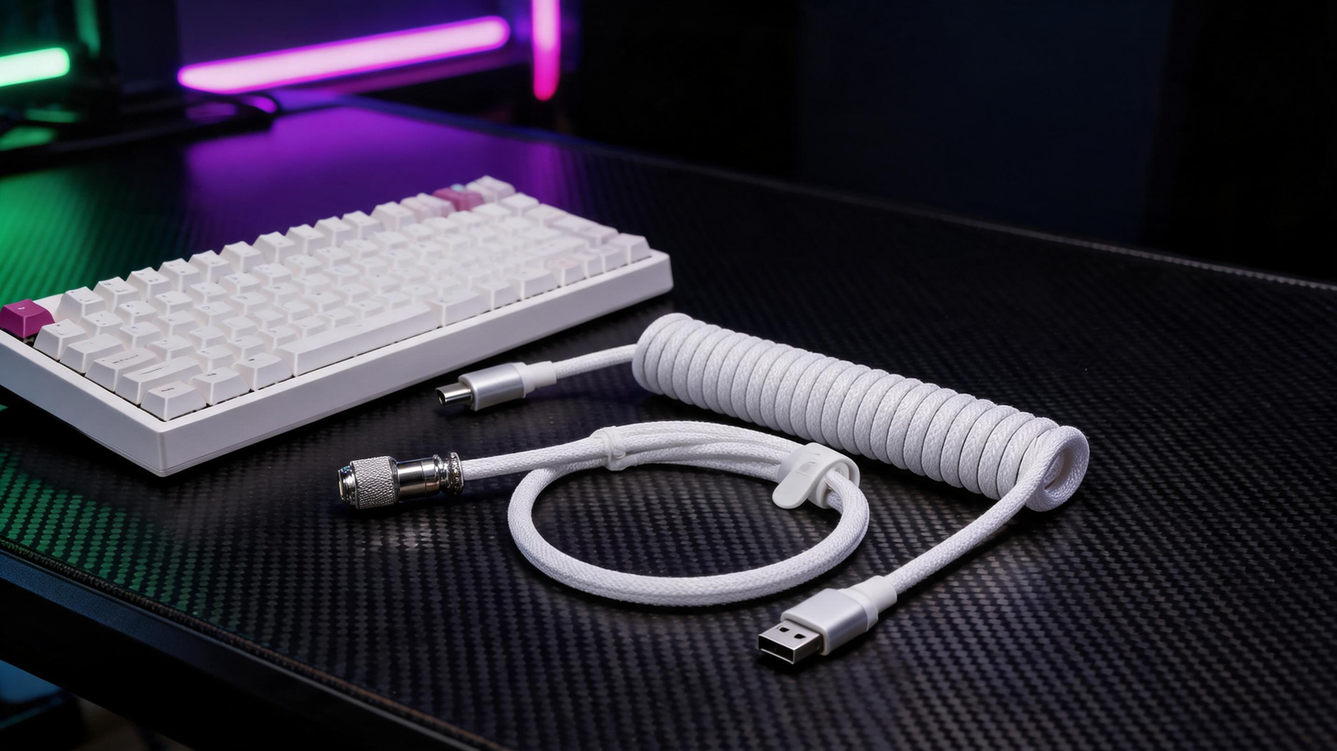 Coiled keyboard cable arranged beside a mechanical keyboard on a carbon-fiber gaming desk, with the connector visible and neon lighting in the background