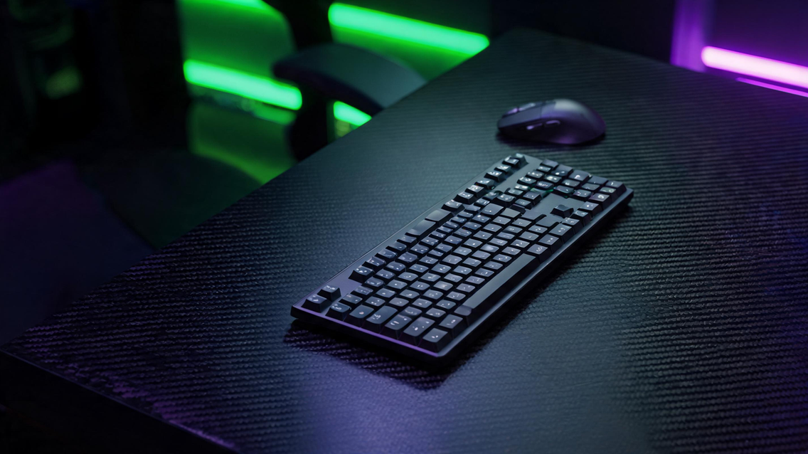 Wireless gaming keyboard on a carbon-fiber desk in a dark RGB-lit gaming room, with open shadowed space on the left.