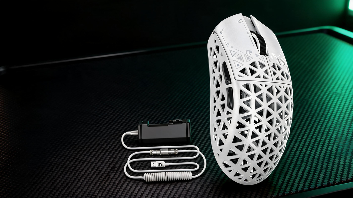 Carbon-fiber wireless gaming mouse with receiver and coiled cable on a dark gaming desk