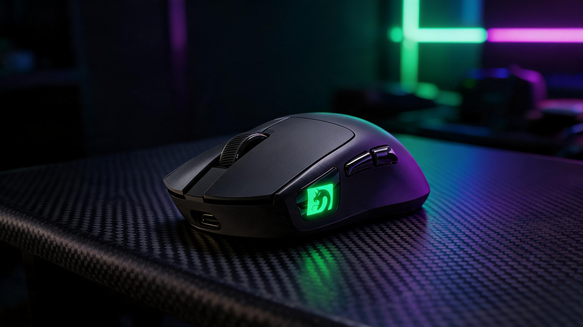 Wireless gaming mouse resting on a carbon-fiber desk in a neon-lit gaming room, with its color screen facing the viewer