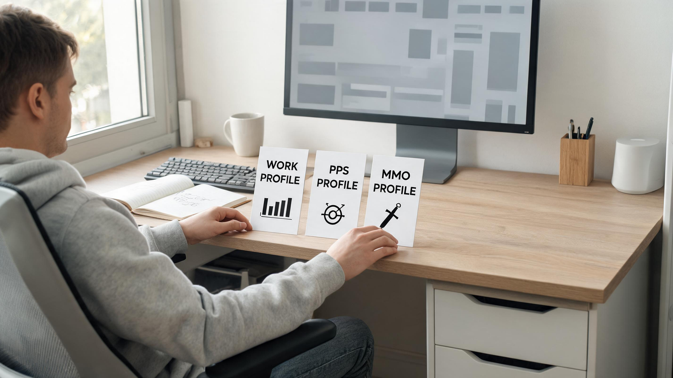 Person organizing three gaming and work control profiles beside a monitor at a desk