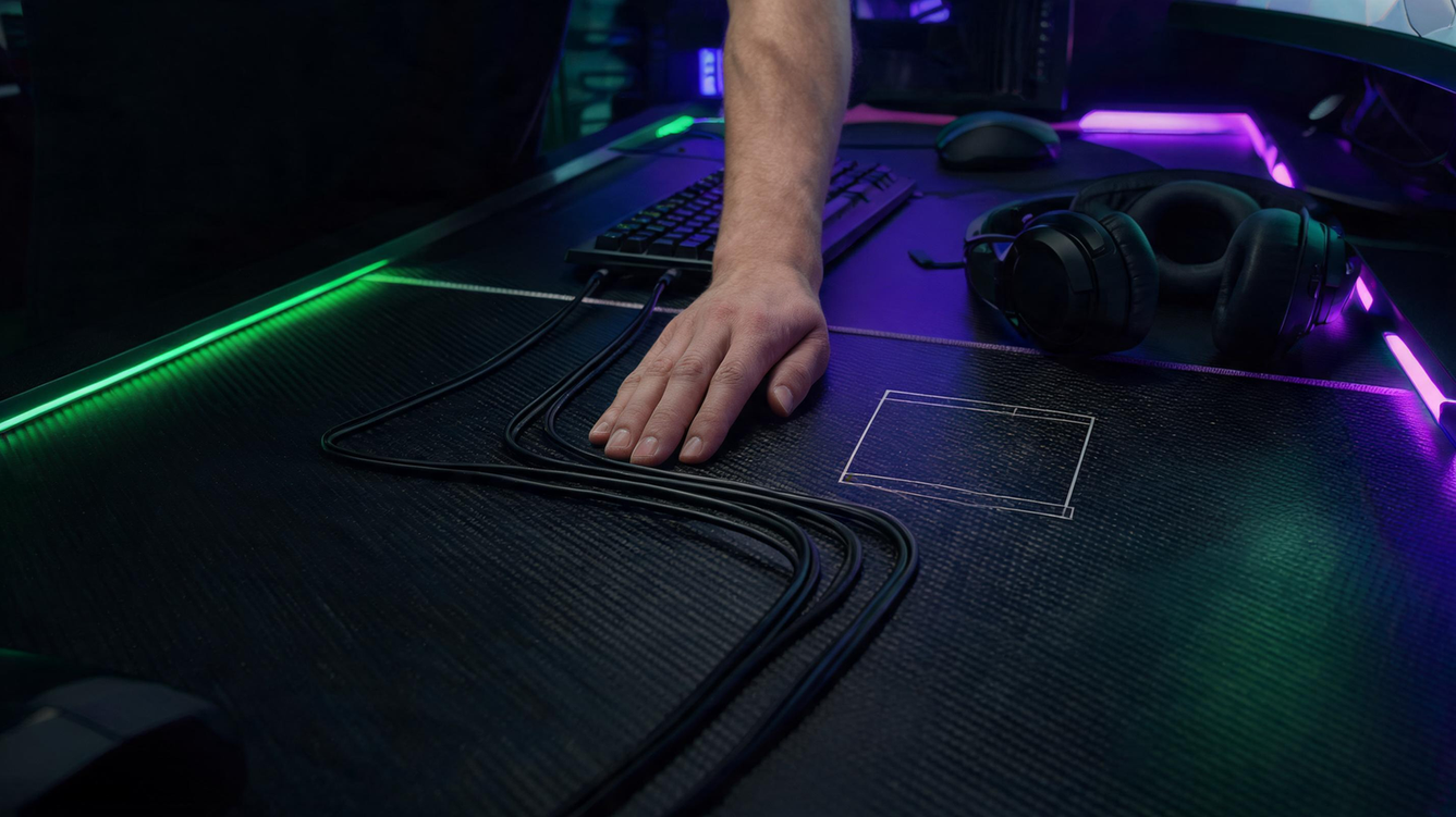 Hand tracing separate cable paths on a dark gaming desk beside a marked test area.