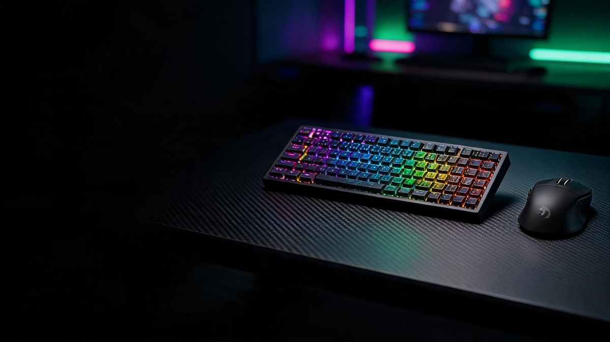 Wireless keyboard and mouse arranged on a gaming desk with coordinated RGB lighting in a dark room