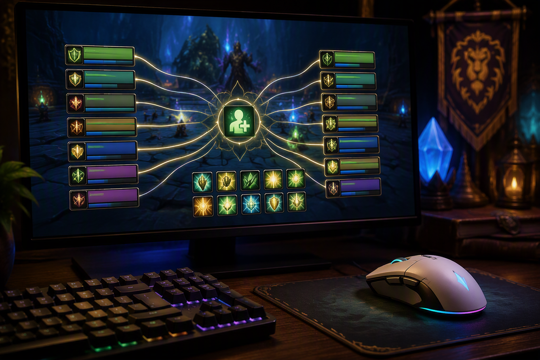 Lightweight gaming mouse beside a keyboard on a gaming desk with an abstract healing-control layout on screen