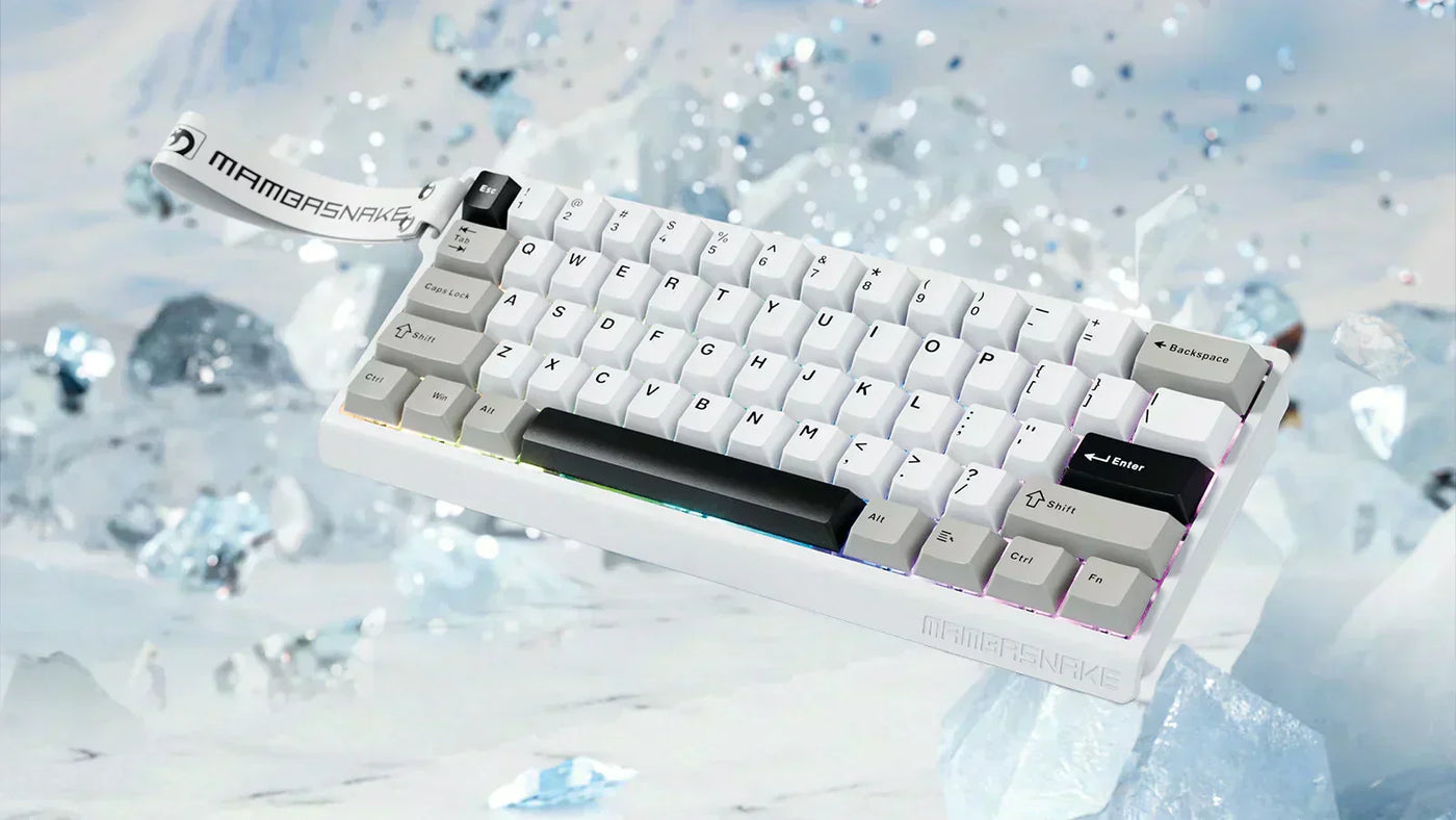 Mambasnake 60% mechanical keyboard with white and grey keys floating in a blue icy background